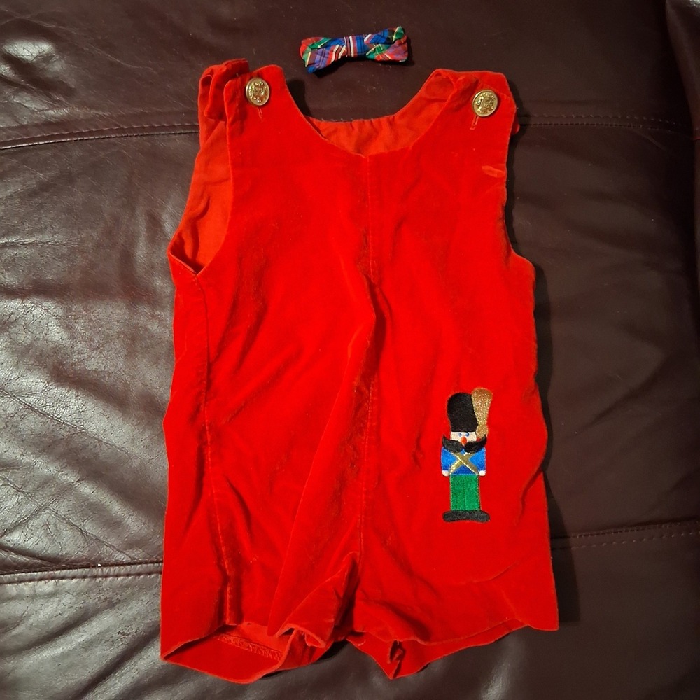 Vtg 80s 90s Baby Boy Christmas Embroidered Toy Soldier Romper Bow Tie 12 mos USA
